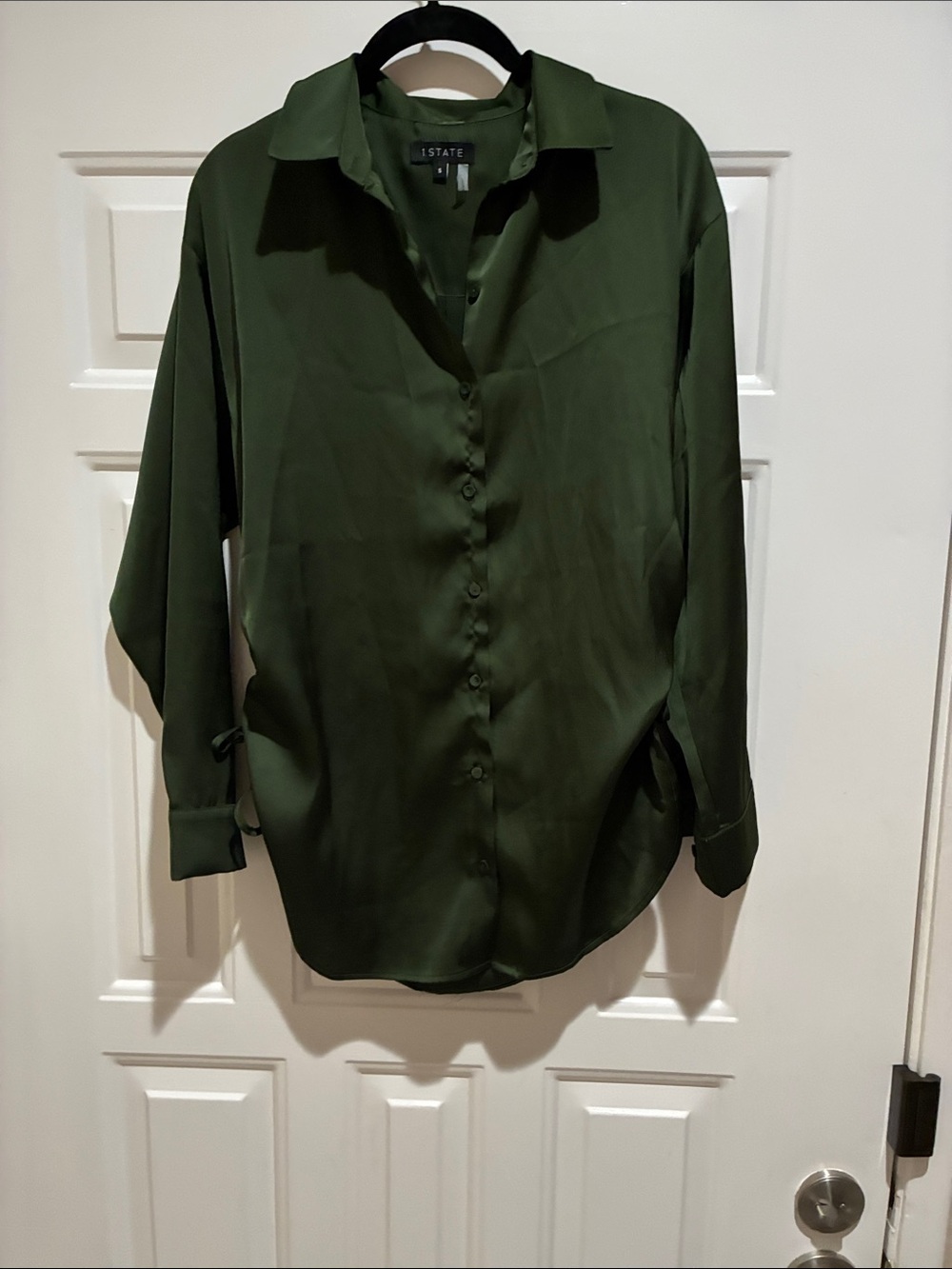 1.STATE Olive Green ruched sides Button-Up satin blouse